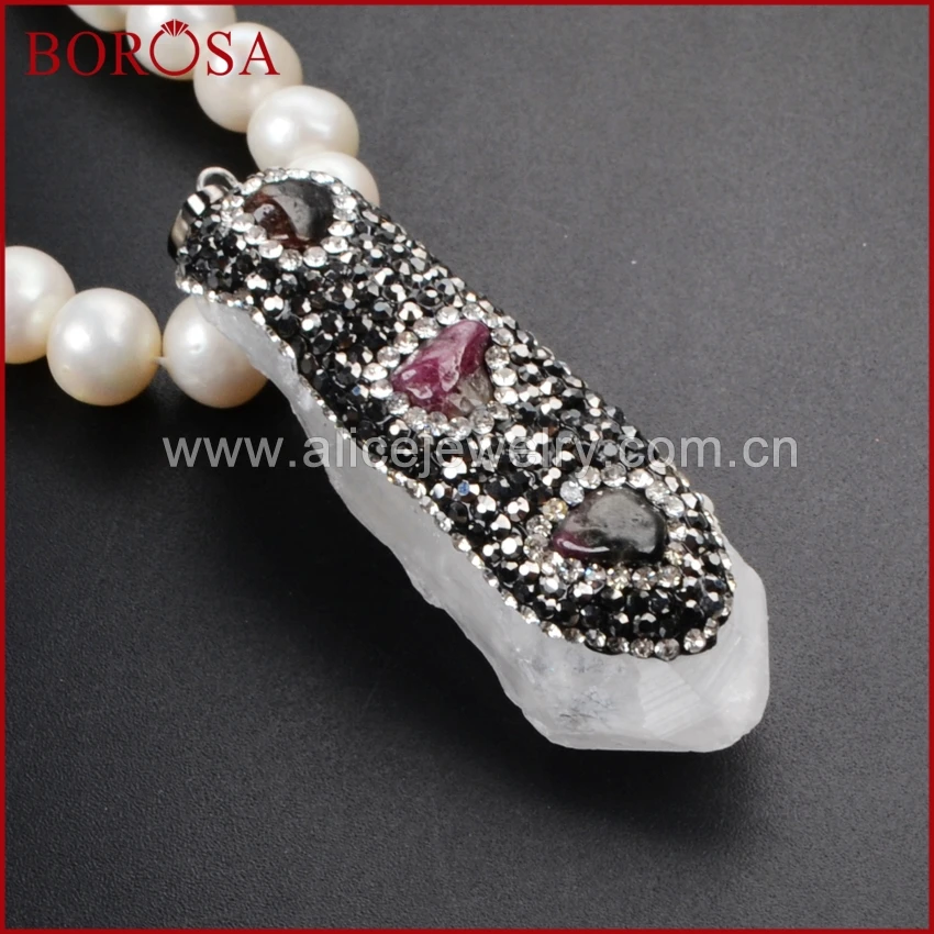 

BOROSA Long Natural Crystal Quartz Point with Assorted Natural Stone Pendant Necklace Paved Zircons Gems for Women JAB313