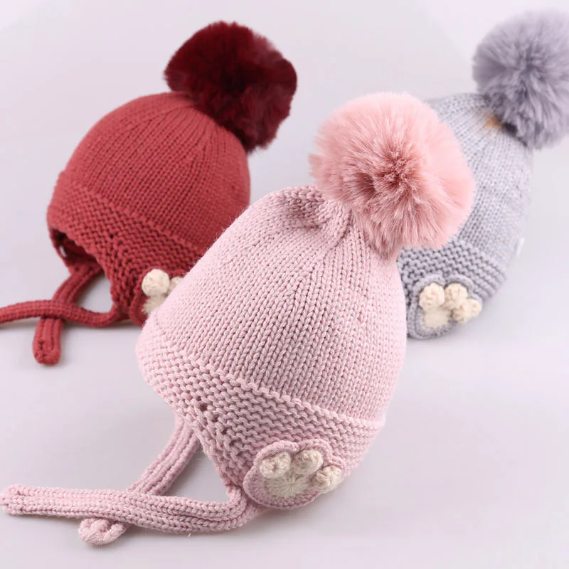 

Winter Baby Hat For Girls Soft Pompom Baby Cap Warm Knit Children's Hats Bonnet Kids Children Flower Cap Newborns Beanies muts