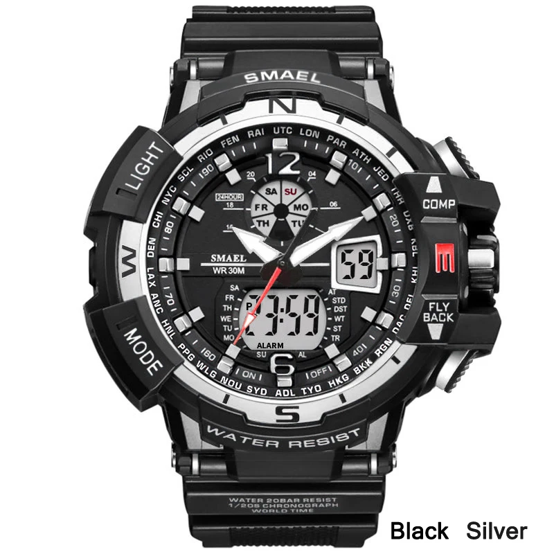Лидирующий бренд Smael часы модные спортивные часы мужские часы мужской светодиодный цифровой кварцевые часы мужские водонепроницаемые часы Relogio Masculino - Цвет: Black Silver