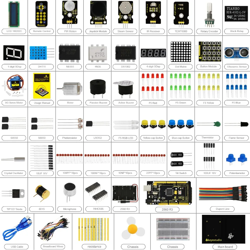 spesifikasi Keyestudio Pembuat Starter Kit (Mega 2560 R3) untuk Proyek Arduino W Kotak Hadiah + Pengguna Manual + 1602LCD + Chassis + PDF (Online) + 35 Proyek Video