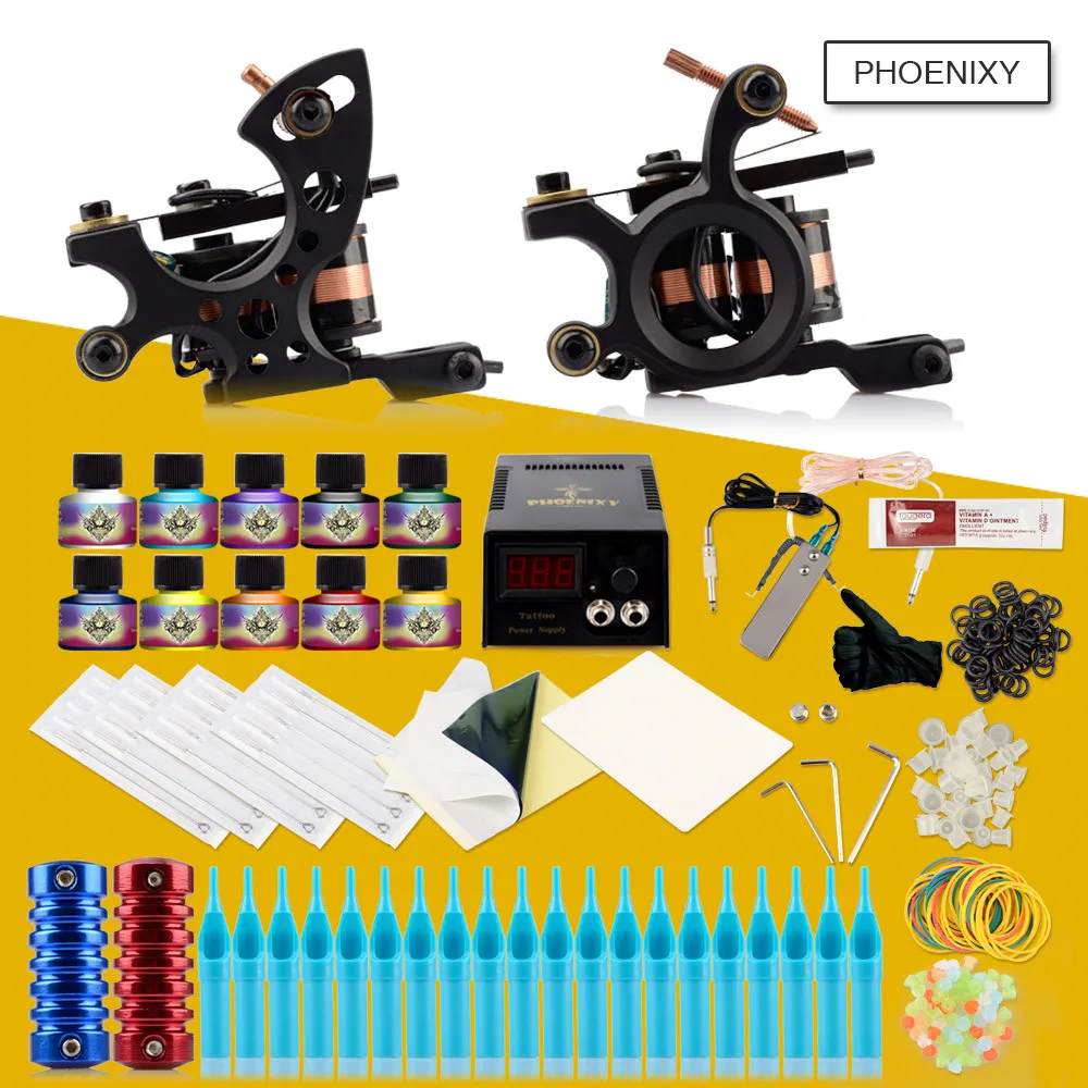 Complete Tattoo Machine Set 2 Guns 10 Inks Power Box Supply Needles