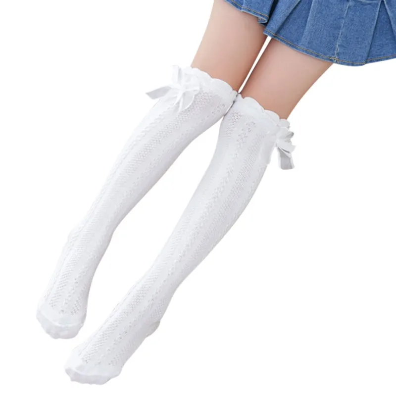 Chaussettes en coton pour filles | Chaussettes tendance, couleur unie, chauffe-genou, pour enfants de 3-12ans, décoration aux nœuds, 2019