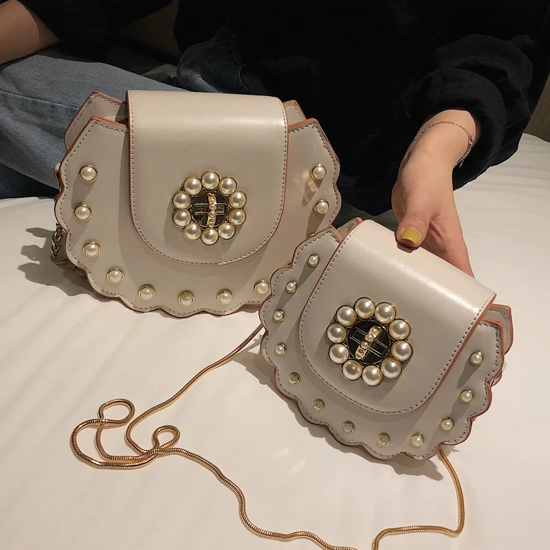 

Summer Saddle Bag Women High Quality PU Leather Flip Bag Women's Designer Handbag Pearl Lock Chains Shoulder Messenger Bags Chic