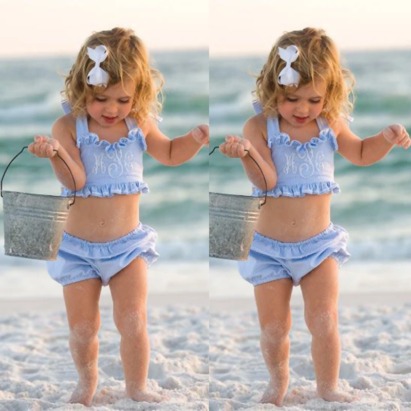 Купальный костюм для маленьких девочек из двух предметов; seersuck; бикини Купальники; пляжная одежда; детский купальный костюм