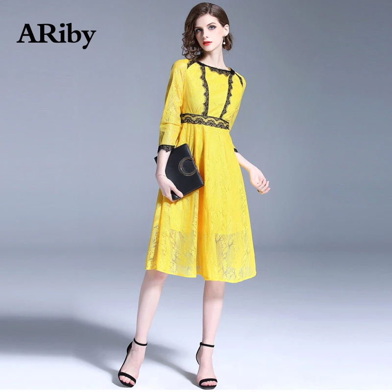 Women Dress Elegant Summer Lace Round Collar Dress 2019 Fashion High QualityPatchwork Three Quarter Sleeves Solid A-Line Dress