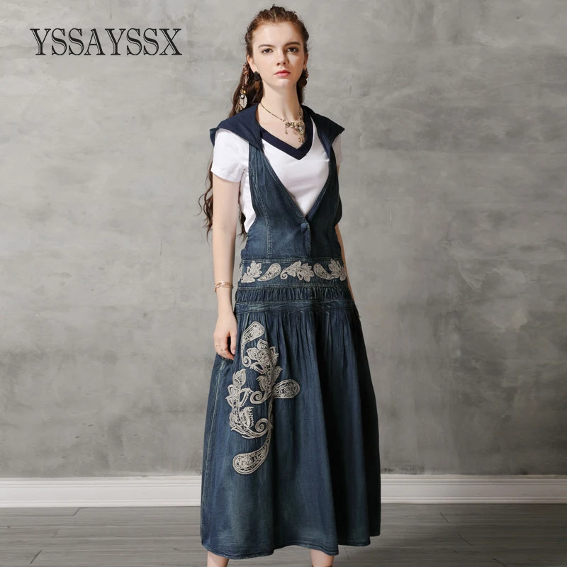 

YSSAYSSX Vintage Embroidered Denim Dress Sleeveless Sling Summer New Denim Dress Solid Color Empire Pleaped Denim Ankle-Length
