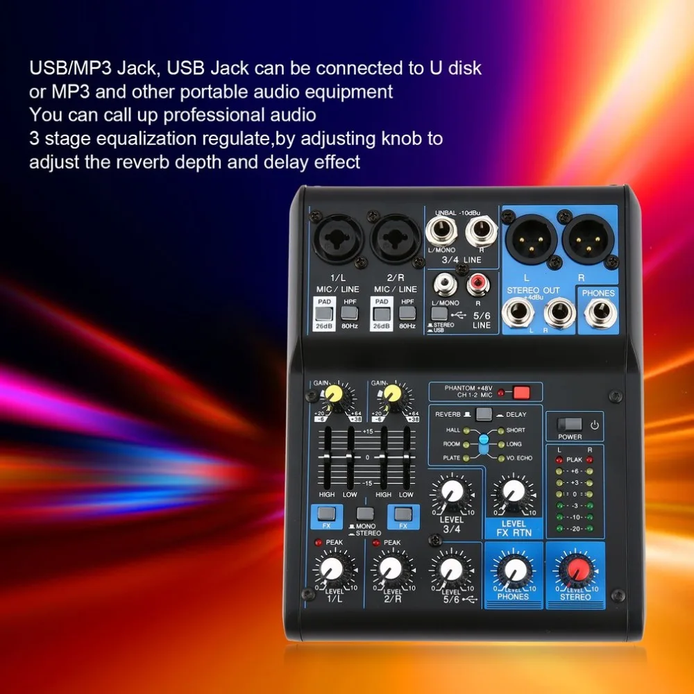 

Power Audio DJ Mixer EU Plug 4 Channel Professional Power Mixing Amplifier USB Slot 16DSP +48V Phantom Power for Microphones