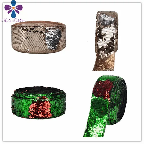 

3"75mm Double Color Reversible Sequin Ribbon Green with Red Gold 25yards/roll DIY Christmas Decor Hair Bowknots Making