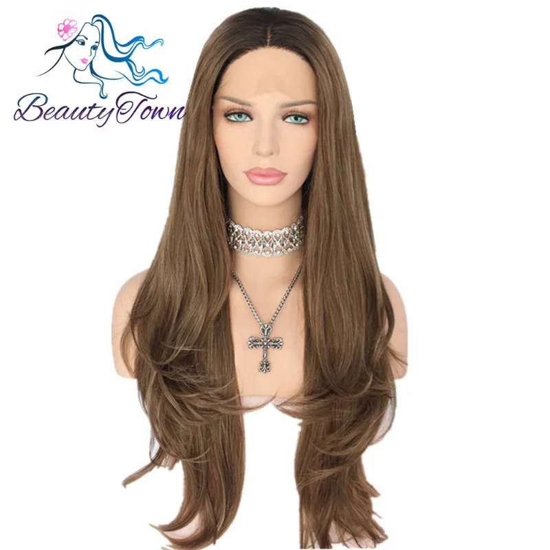 

BeautyTown Black Ombre Brown Heat Resistant Hair Natural Wave Type Hand Tied Perruque Synthetic Lace Front Wig For Wedding Party