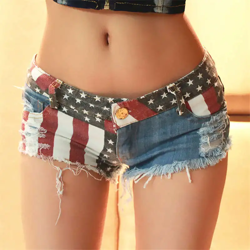Hot Summer Sexy American Flag Printed Shorts New 2018 Sexy High Waist Hole Thong Daisy Duke Ripped Denim Patchwork Streetwear