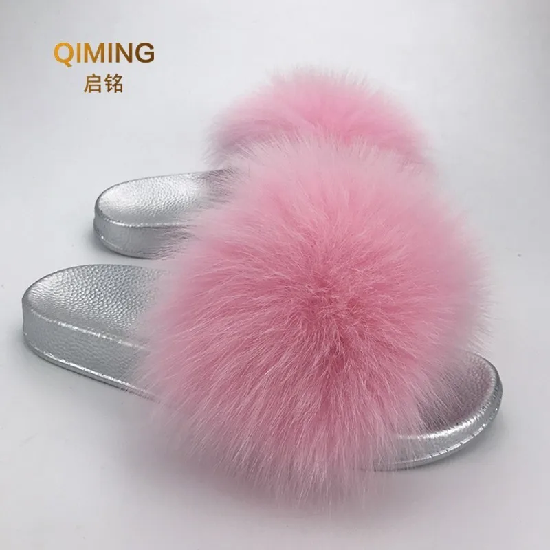 Summer Silver Soles Fox Fur Fluffy Home furry Slippers Female Non-slip Outdoor Slipper Women Beach Shoes Woman Flip Flops Slides