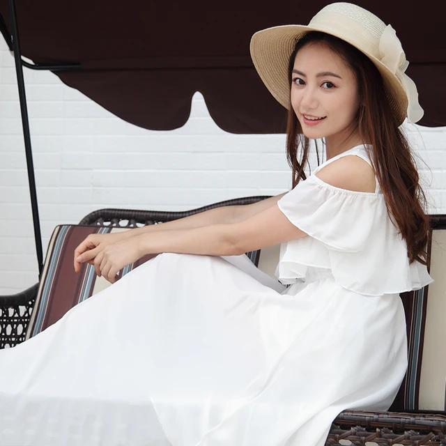 2017 Summer Women Chiffon Boho Beach Dress Female Slim Off The Shoulder High Waist Strapless Dress White Long Dresses Sundress 1