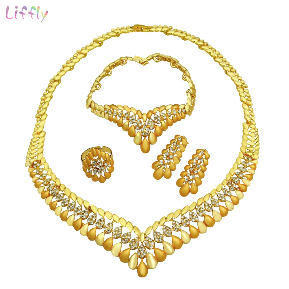 

Liffly Fashion Jewelry Set Nigeria Dubai Gold-color African Bead Jewelry Wedding Jewelry Sets African Bridal Wedding Gifts