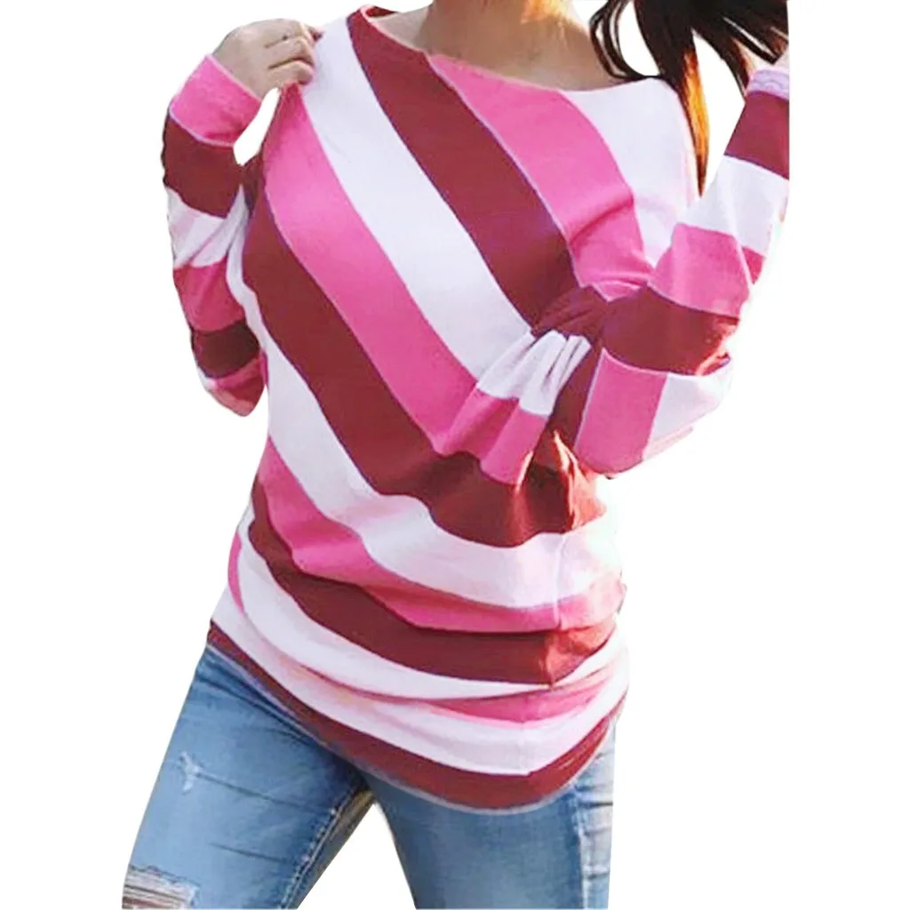 

feitong Women Tops Camiseta Mujer Printed Striped Long Sleeve Shirt Casual Loose Top Loose Casual Vintage Striped Basic #w30