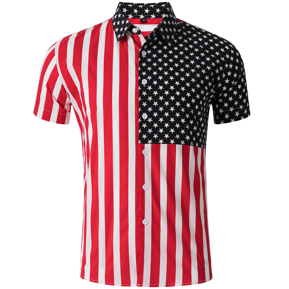 Мужская рубашка с коротким рукавом и принтом на пуговицах, Гавайские пляжные рубашки, Повседневная облегающая полосатая рубашка с американским флагом