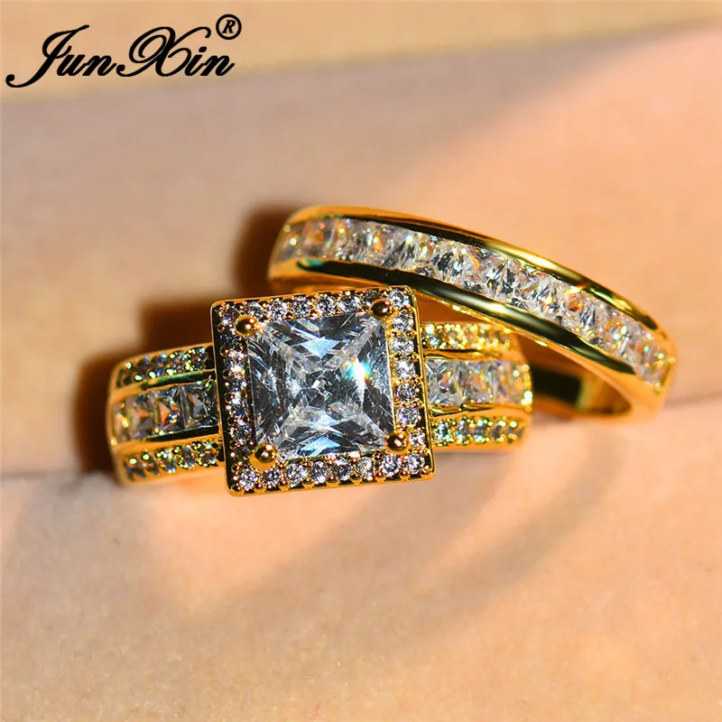 

JUNXIN Boho Bridal Engagement Ring Set 925 Silver Yellow Gold Color Square Crystal Stone Wedding Rings For Women Couple Jewelry