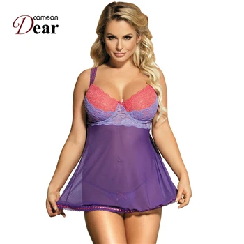 

Comeondear 5XL Sexy Plus Size Nightdress For Women Purple Lingerie Set Lace Cup Baby Doll Camisola De Dormir Feminino RB80297
