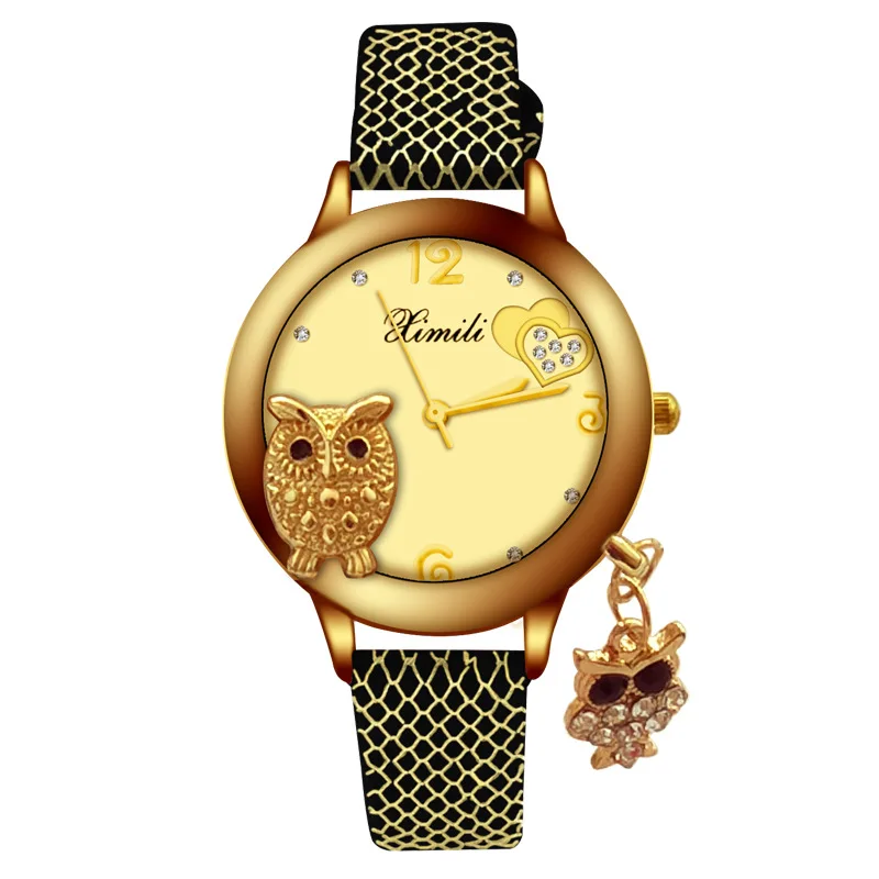 MINHIN креативные часы с совой, модные женские часы с кожаным ремешком, изящные золотые мини-часы с циферблатом, студенческие часы для девочек - Цвет: 9183 black