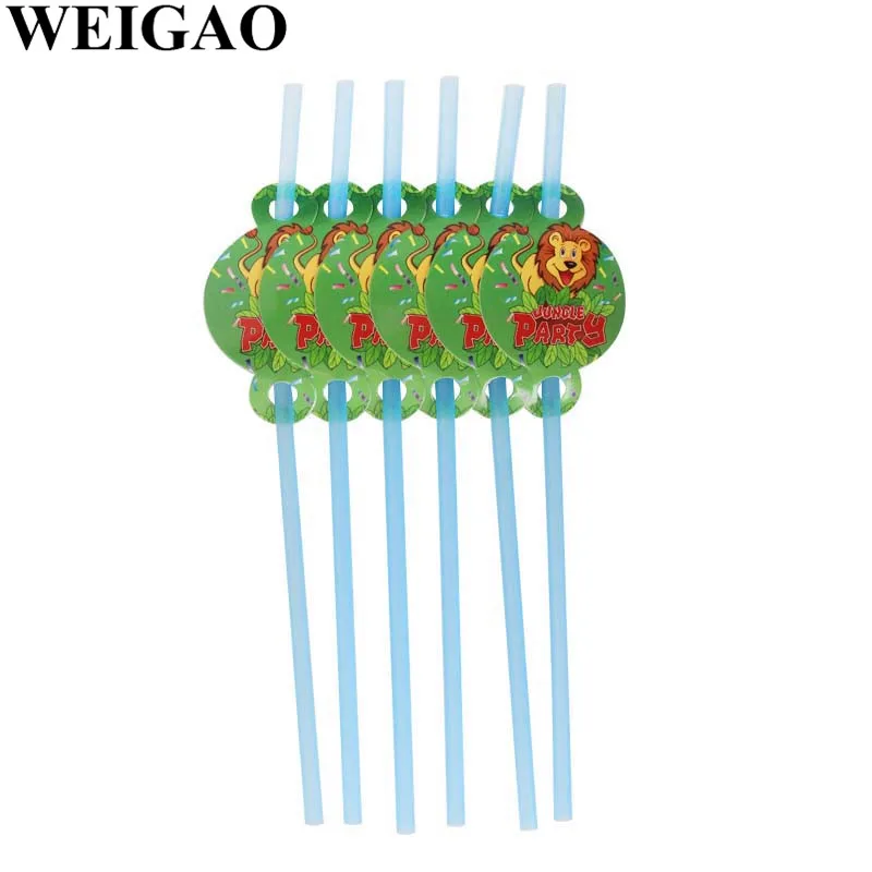 WEIGAO Джунгли животных день рождения одноразовая посуда лесные друзья сафари на тему зоопарка бумажный стаканчик, тарелка детский душ принадлежности - Цвет: 6pcs straws