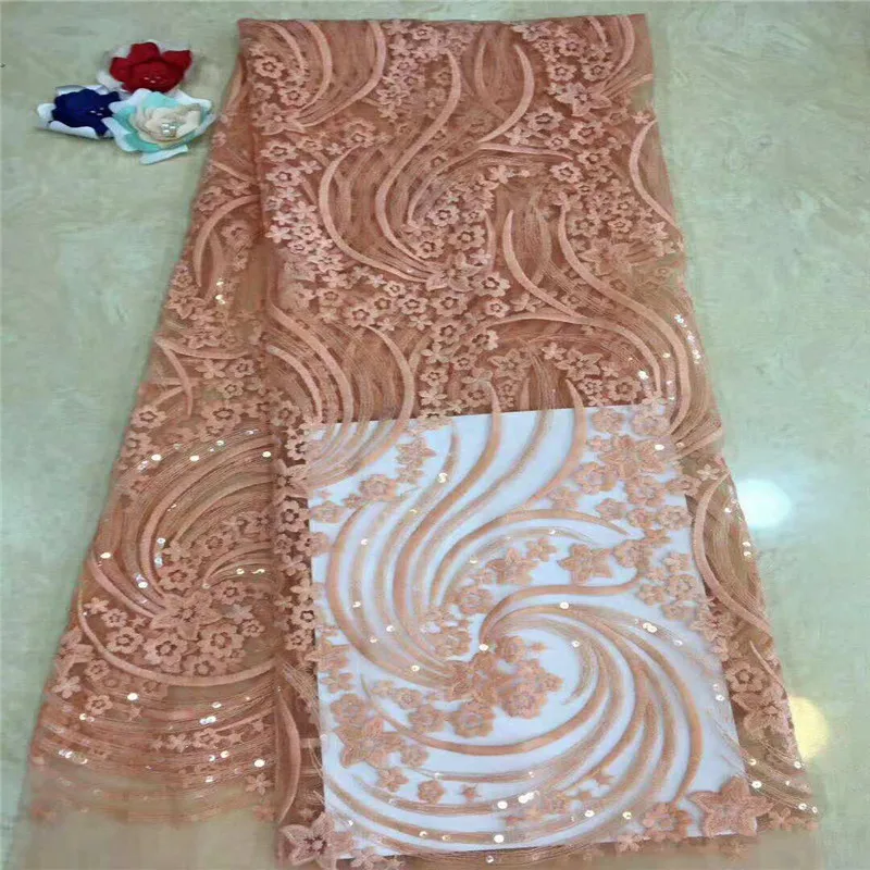 Вышитый тюль, Sequinsed тюль кружевной ткани, Африканский чистая кружевной ткани шампанское розовый HJ1251-1