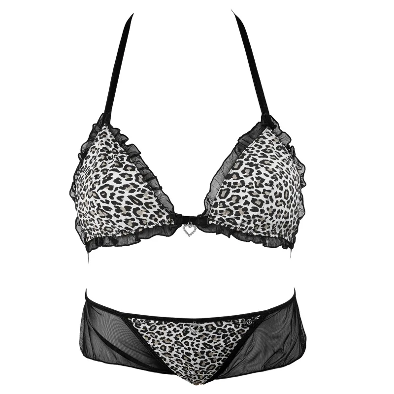Leopard Diamond Pendant Ruffles Lolita Wire Free Bra Thong Set