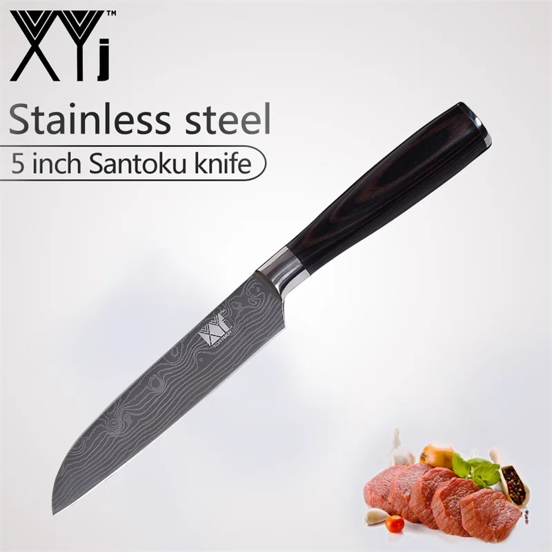 XYj дамасский нож из нержавеющей стали, изысканный кухонный нож, подарок, высокоуглеродное лезвие, цветная деревянная ручка, набор кухонных ножей - Цвет: 5 inch Santoku Knife