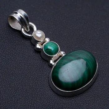 

Natural Malachite and River Pearl Punk Style 925 Sterling Silver Pendant 1 1/2" P0163