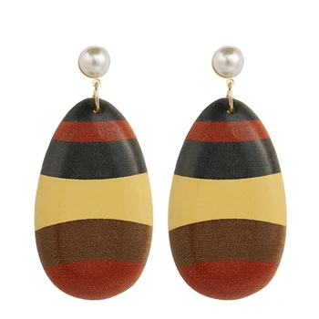 

AENSOA Natural Wood Earrings Colorful Stripe Water Drop Earrings Exaggerated Harajuku Statement Long Big Earrings For Women Girl