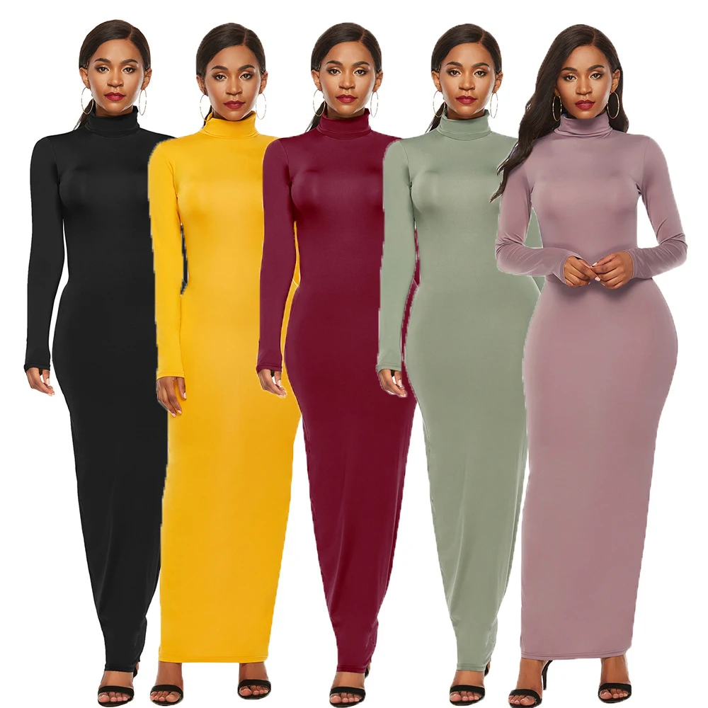 

Wipalo Plus Size Elegant Long Sleeve Solid Bodycon Maxi Dress 2019 Spring Autumn Warm High Collar Women Dress S-5XL Vestidos