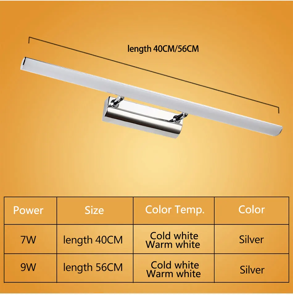 Светодио дный Лампа переднего зеркала 40 см 56cm7W 9 Вт нержавеющая+ акрил современный декор освещения Ванная комната лампа Спальня фойе исследование бра