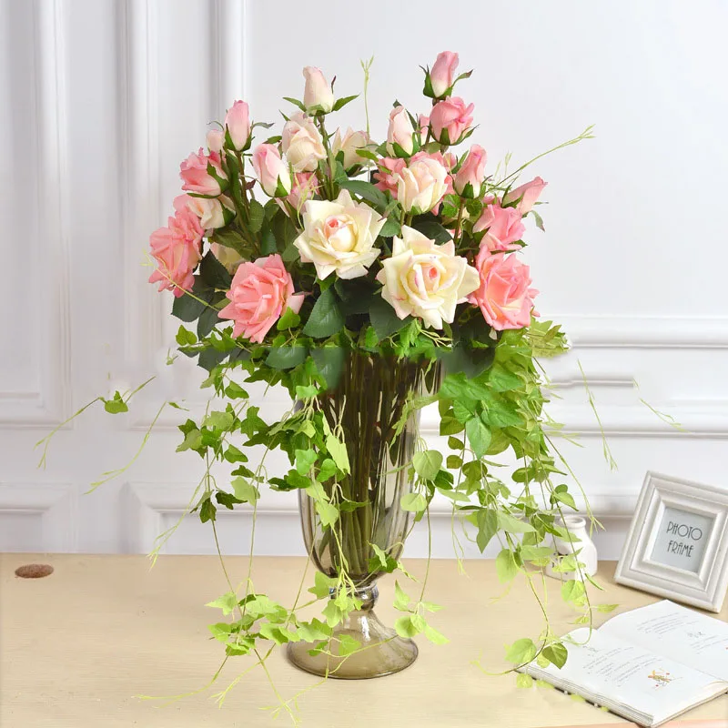 Flone Artificial Flowers 3 Heads Rose High Emulated Floral Artificial Flower Bouquet Branch Wedding Party Home Dining Room Decor (9)