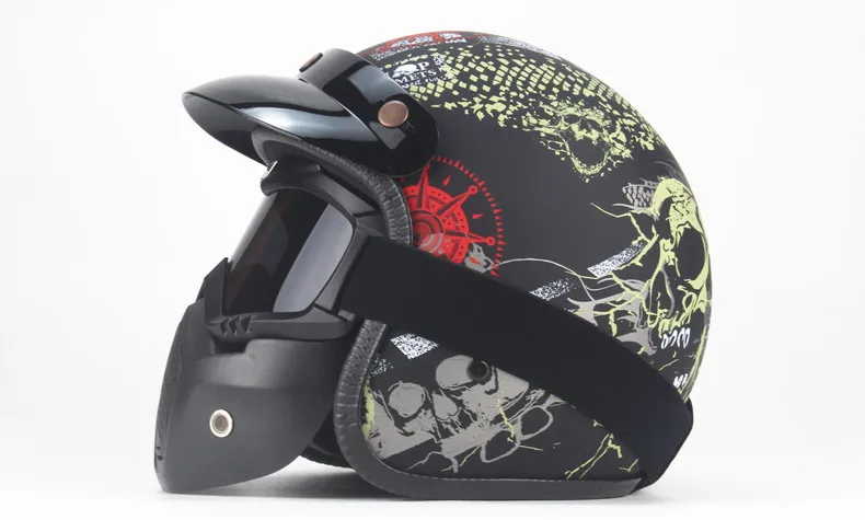 Винтажные ПУ кожаные шлемы маска Съемные очки и рот фильтр идеально подходит для открытого лица Мотоцикл половина шлем черный