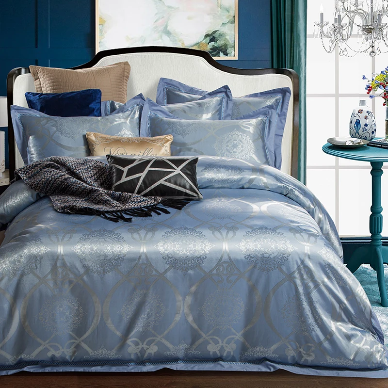 

2018 Silver Blue Floral Bedding Set 4Pcs Queen King Size Silk Cotton Blend Bedlinens Duvet Cover Set Flat Sheet Pillow Cases