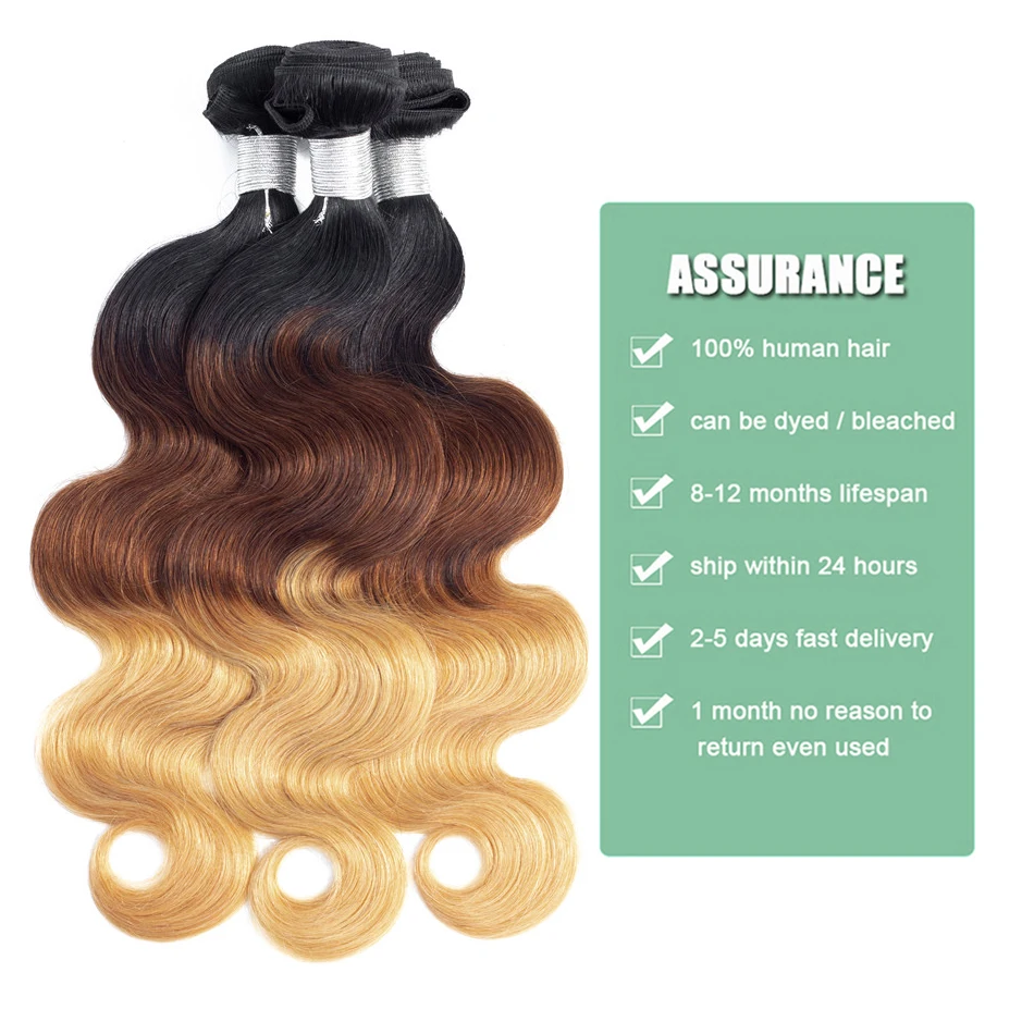 Ombre Bundles with Closure 1B/4/27# Three Tone Ably Brazilian Body Wave Blonde Remy Human Hair 3 Bundles with 4X4 Lace Closure