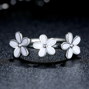 

ZMZY Luxury Genuine 100% 925 Sterling Silver Darling Three Daisy Flowers Ring for Women Wedding White Enamel Fine Jewelry