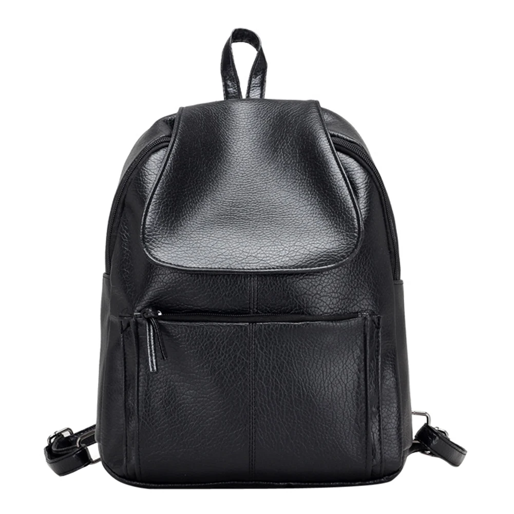 Women Leather Black Backpack Small Minimalist Solid Black School Bags For Teenagers Girls ...