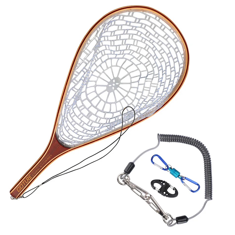 Goture fly fishing net литья сеть резиновая сетка деревянный каркас рука чистая с ремешок веревка магнитная застежка рыболовные снасти кастинговая сеть сеть рыболовная