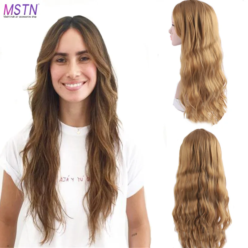 

MSTN Wig Synthetic Heat Resistant Water Ripple Curly Midline Female 24 Inch Red Brown Gold Headwear