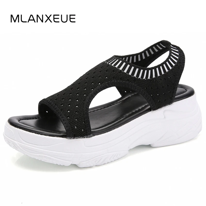 

Casual Elasticated Sandals Women Shoes Korean Style Solid Color Thick Bottom Sandals Lady Fish Mouth Mesh Breathable Sandal Shoe