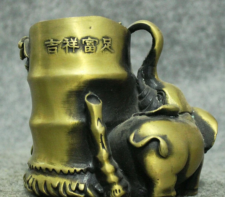Old China Bronze Collect JiXiang Elephant Bamboo Statue Brush Pot