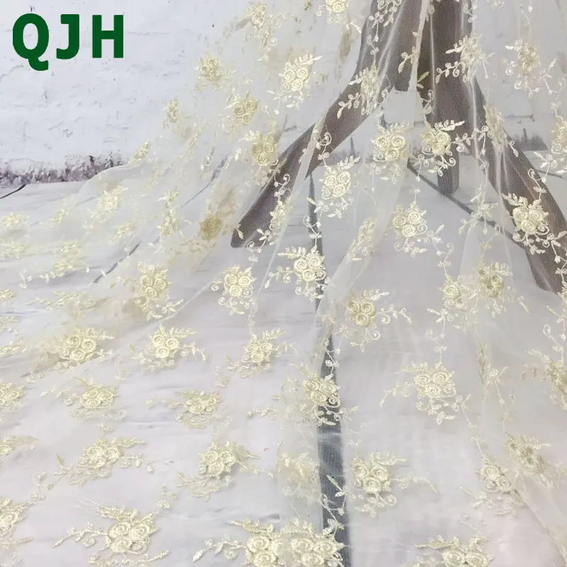 

QJH Brand French Lace Fabric Small Rose Flower Gold Silk Embroidery Net Tull Lace fabrics For Fashion Exquisite Dress yx498