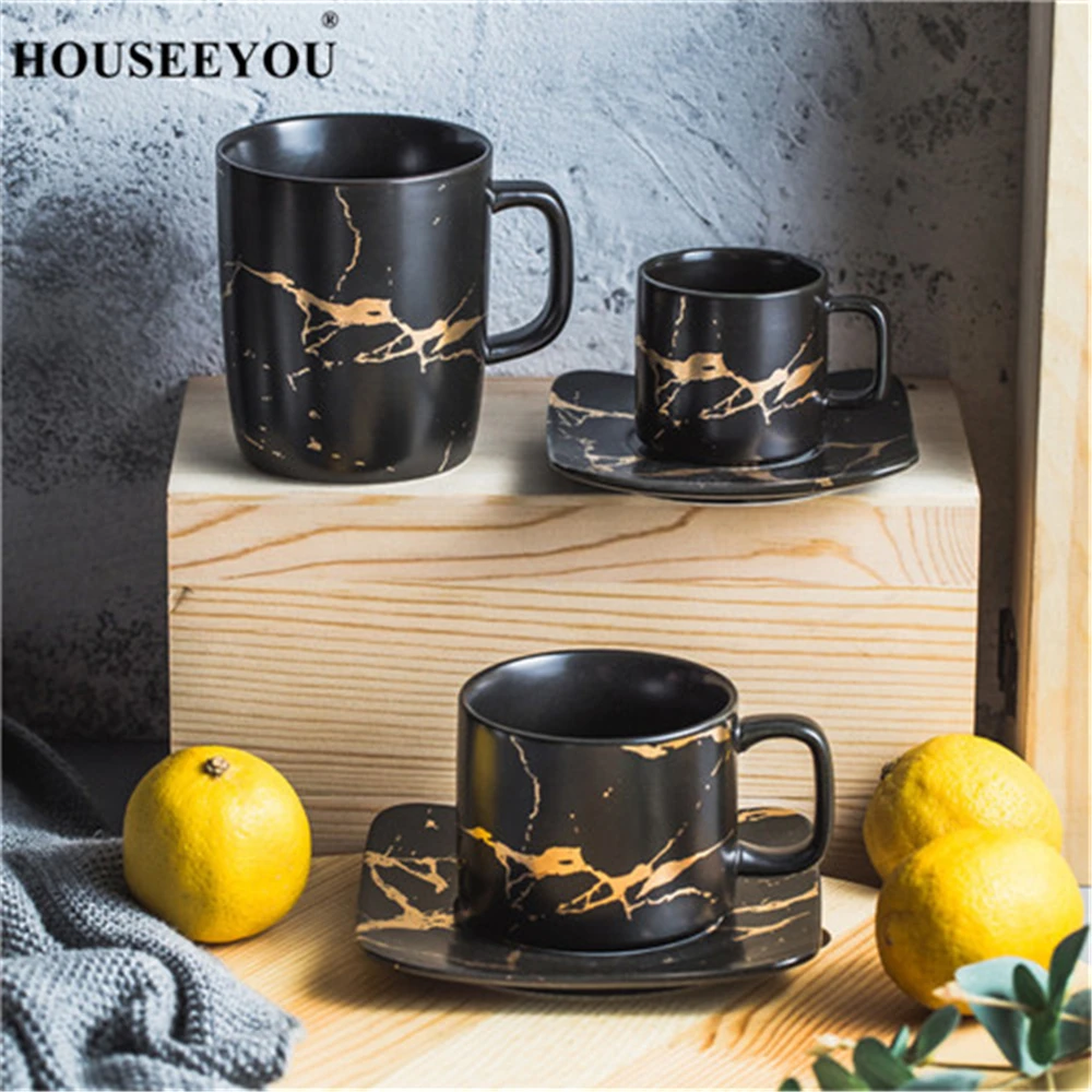 

HOUSEEYOU Ceramic Tea Cup and Saucer Set Creative Golden Design Porcelain Afternoon Teacup Set Black Coffee Cup Set Drinkware