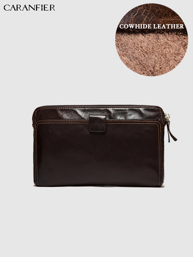 

CARANFIER Mens Wallets Genuine Cowhide Leather Vintage Clutch Bags Business Zipper Purse Long Large Capacity Coin Pocket Bags