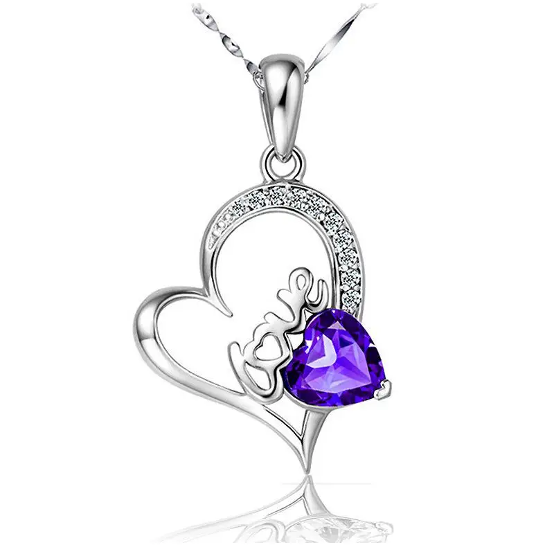 Heart Purple Crystal Love Word Pendant Necklace For Women Necklaces