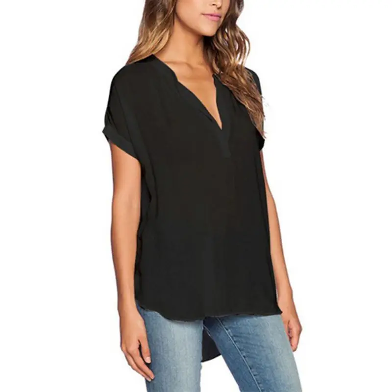 Women Chiffon Blouses Shirts Solid V neck Short Sleeve Female Loose