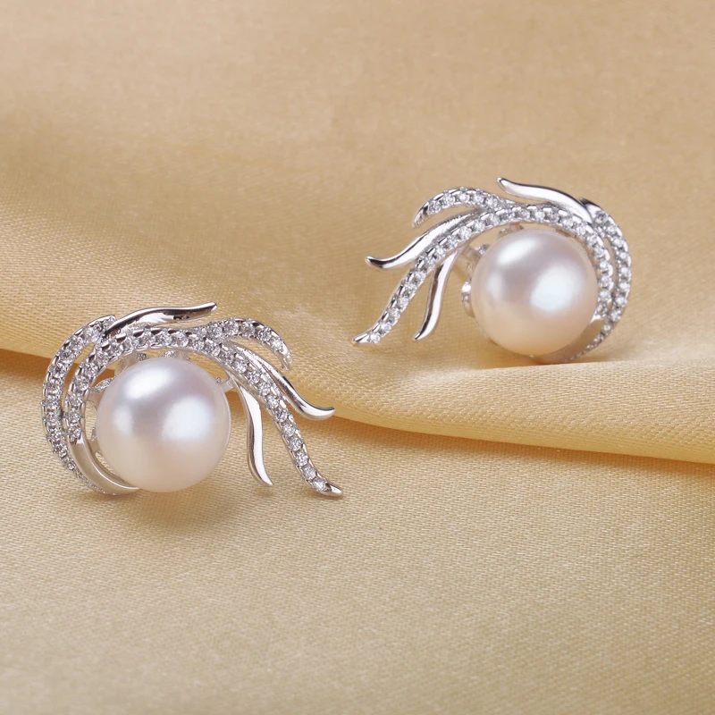 

New Arrival white purple pink Jewelry AAA 8-9mm real Pearl 925 Silver Stud phoenix Earrings with zircon wedding gifts for woman