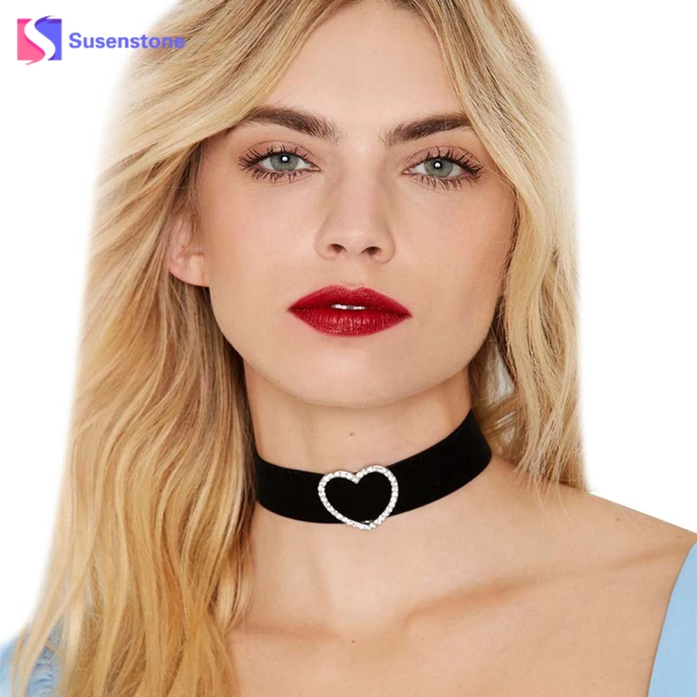 susenstone Jewelry Lace Choker Necklaces Crystal Heart Statement
