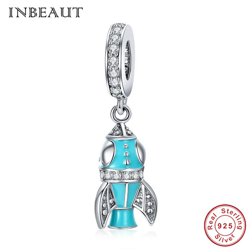 

INBEAUT Trendy Real 925 Sterling Silver Blue Enamel Launch Rockets Spacecraft Charm Beads fit Pandora Bracelet Christmas Gift