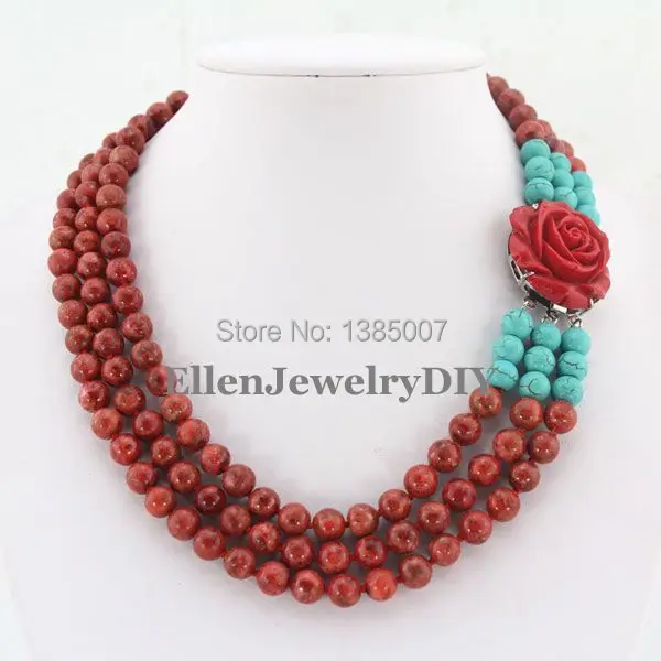 

Hotest 3 Rows Red Coral Necklace Holiday Party Bridal nigerian wedding beads african beads sets BL0058