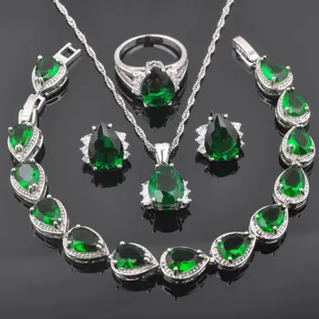 

Silver Color Green Zirconia For Women Simple Design Jewelry Sets Bracelet Necklace Pendant Earrings Ring QS0256